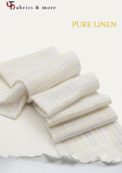 Premium White 100% Pure Linen 60 Lea Stripe Fabric – Yellow & Blue Pinstripes (0% Cotton)