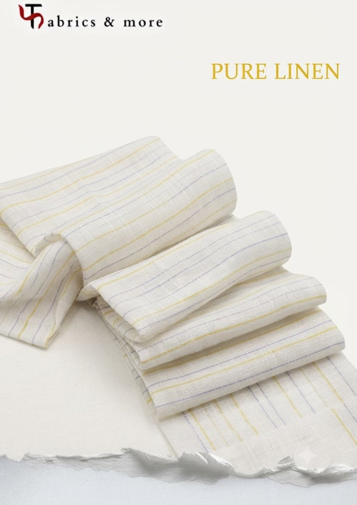 Premium White 100% Pure Linen 60 Lea Stripe Fabric – Yellow & Blue Pinstripes (0% Cotton)
