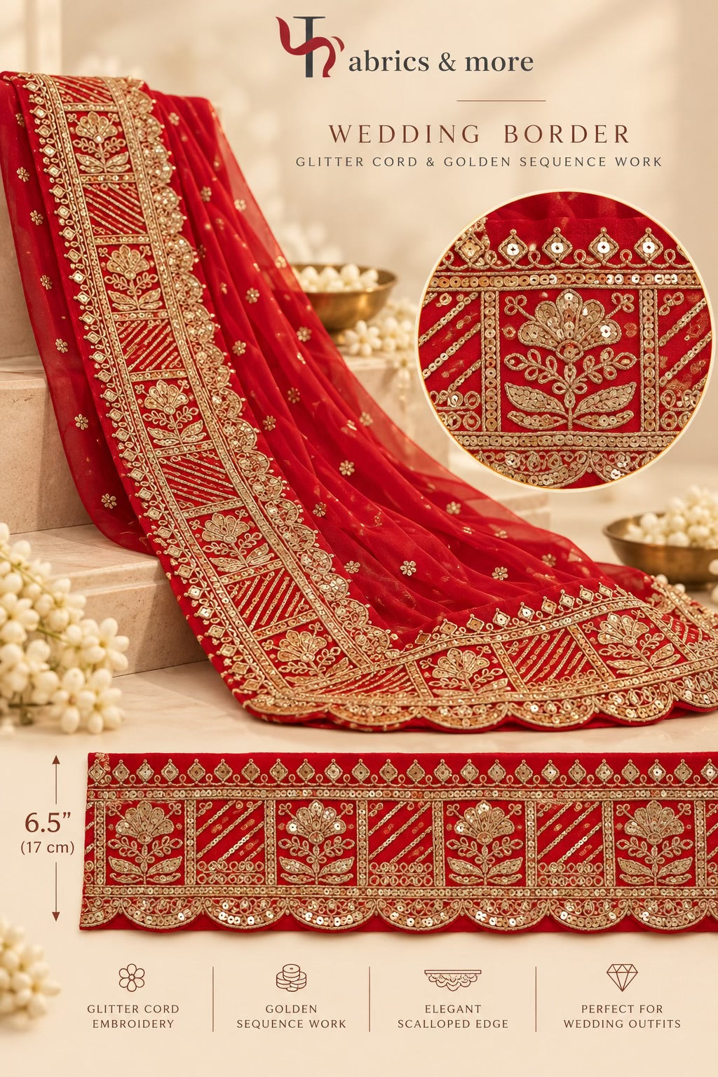 Heavy Light Golden Embroidered Border on Red Mul Chanderi Fabric – 6.5 Inches