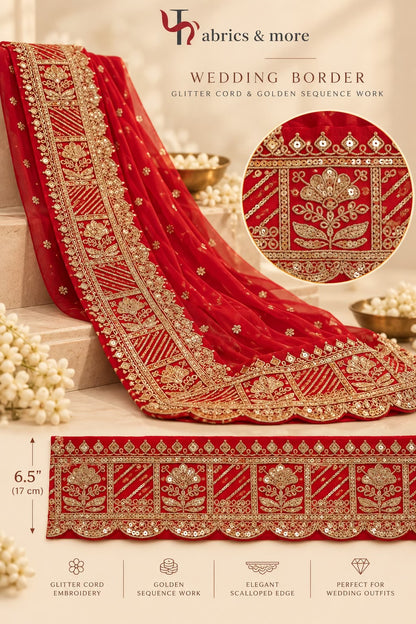Heavy Light Golden Embroidered Border on Red Mul Chanderi Fabric – 6.5 Inches