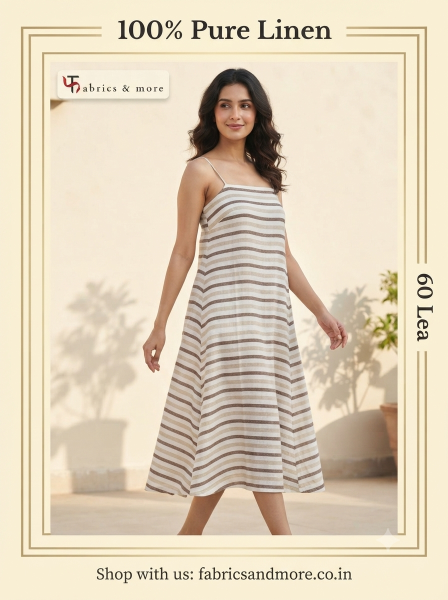 Premium Off-White Brown & Beige Striped 100% Pure Linen Fabric – 60 Lea 100% (0% Cotton)