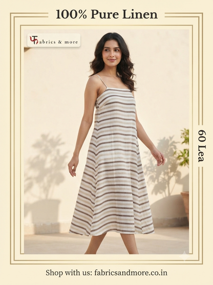 Premium Off-White Brown & Beige Striped 100% Pure Linen Fabric – 60 Lea 100% (0% Cotton)