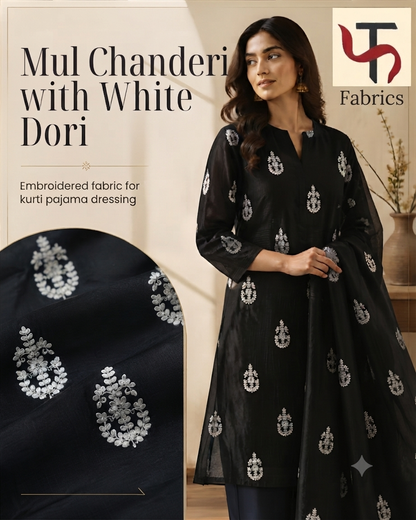 Black with White Dori Embroidered Motifs Mul Chanderi Fabric