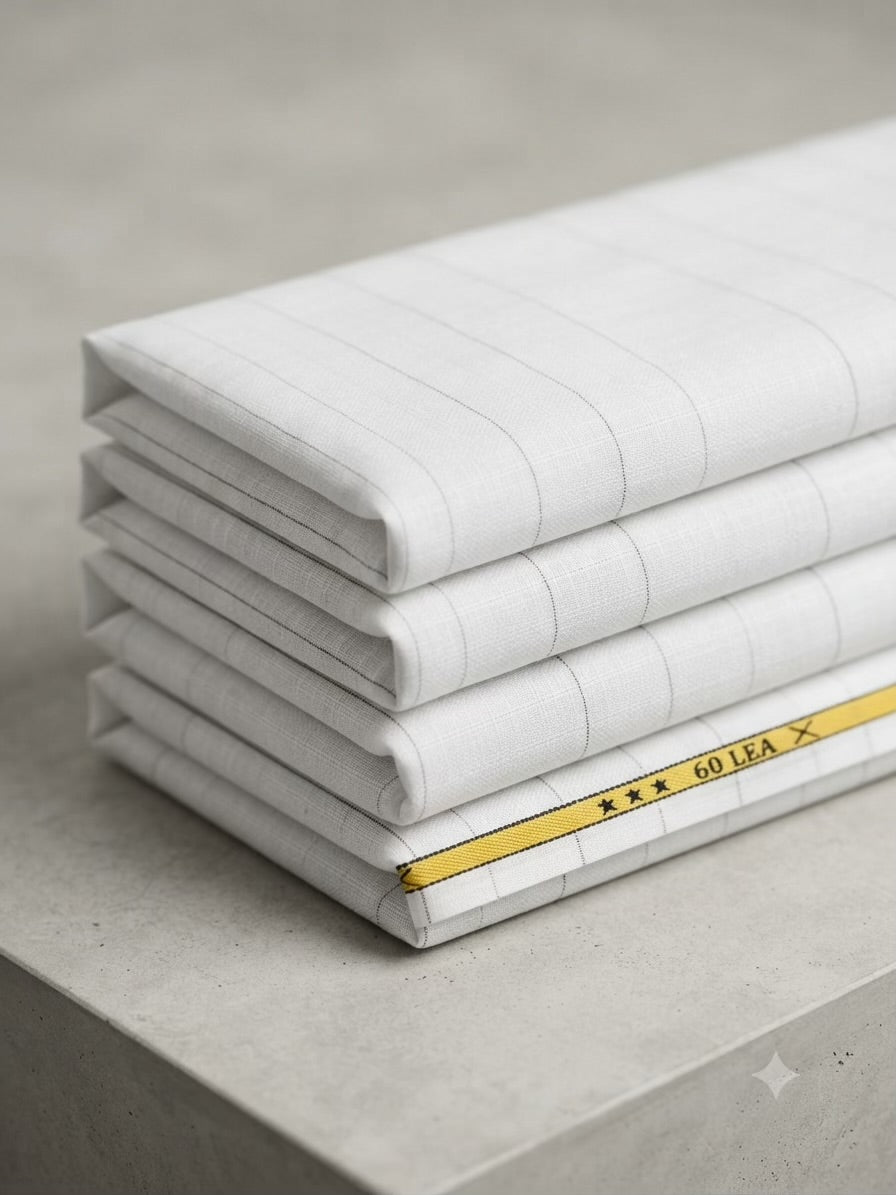 Premium White 100 %Pure Linen 60 Lea Fabric with Herringbone Stripes & Grey Pinstripes (0% Cotton)
