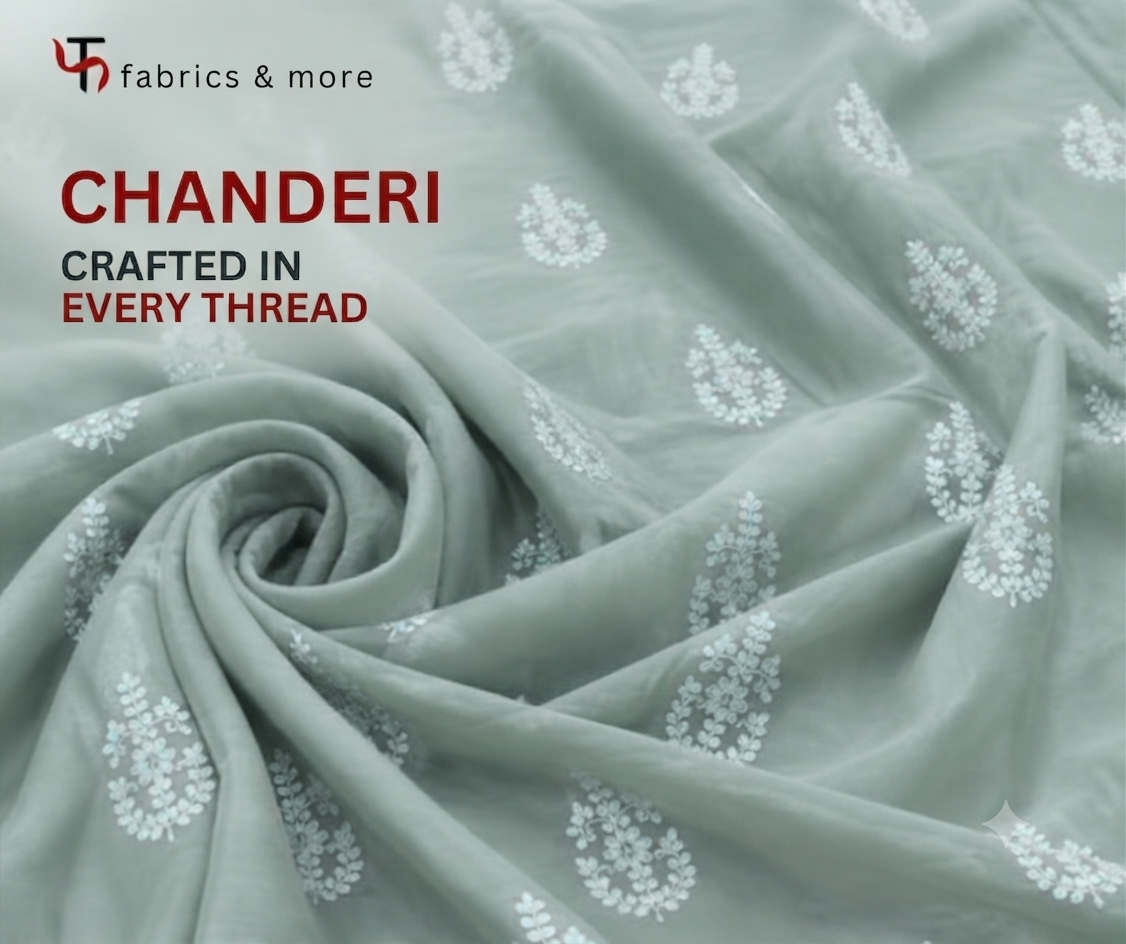 Dusty Mint with White Dori Embroidered Motifs Chanderi Fabric