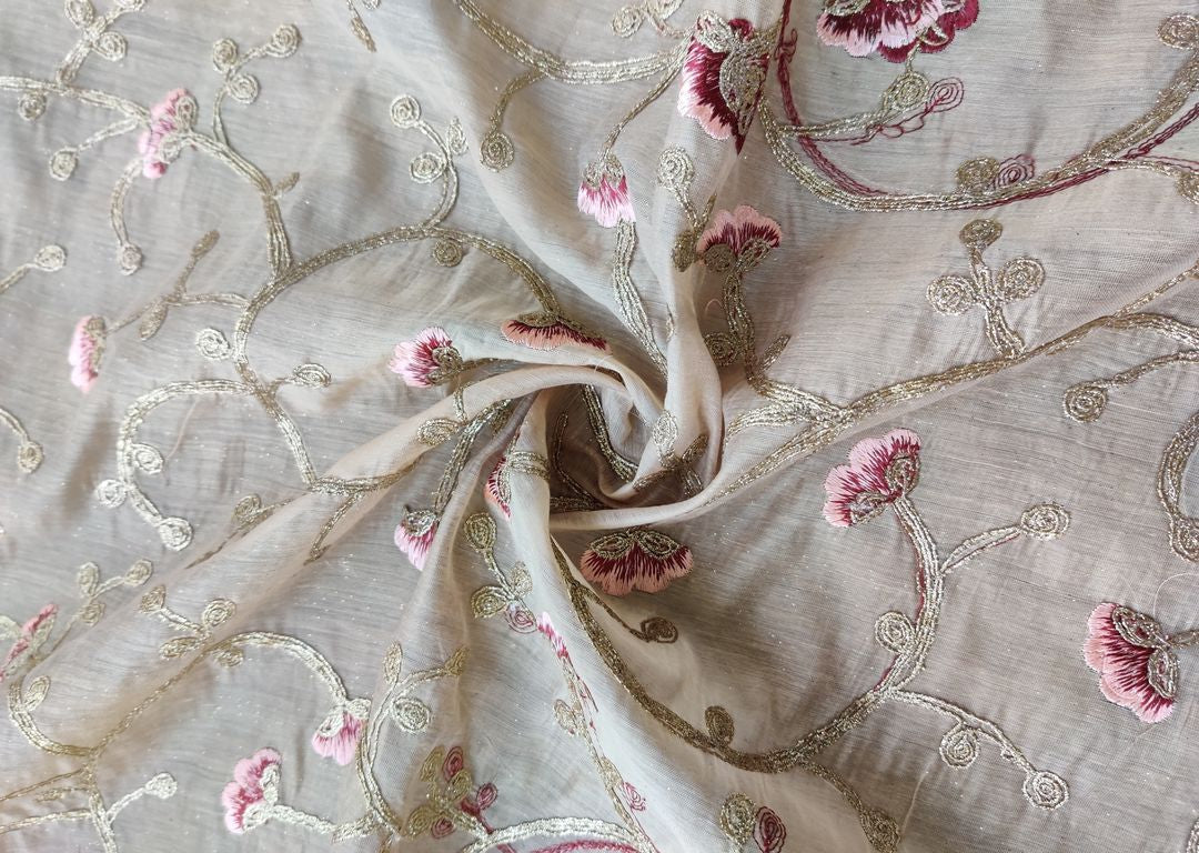 Beige Peach Golden Flowers Embroidered Chanderi Fabric