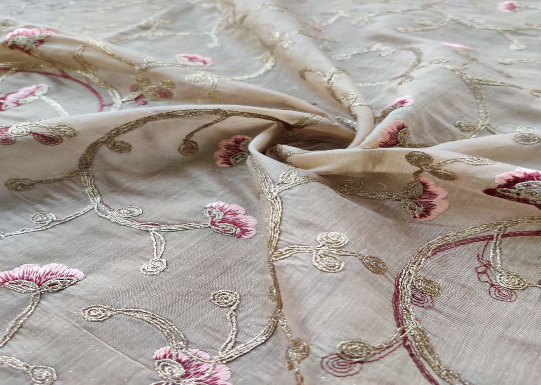 Beige Peach Golden Flowers Embroidered Chanderi Fabric