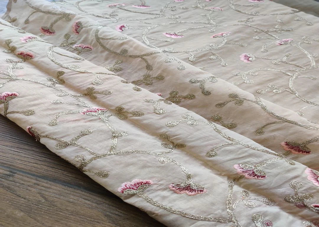 Beige Peach Golden Flowers Embroidered Chanderi Fabric