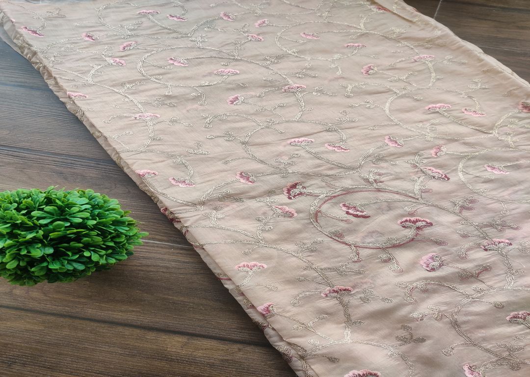 Beige Peach Golden Flowers Embroidered Chanderi Fabric
