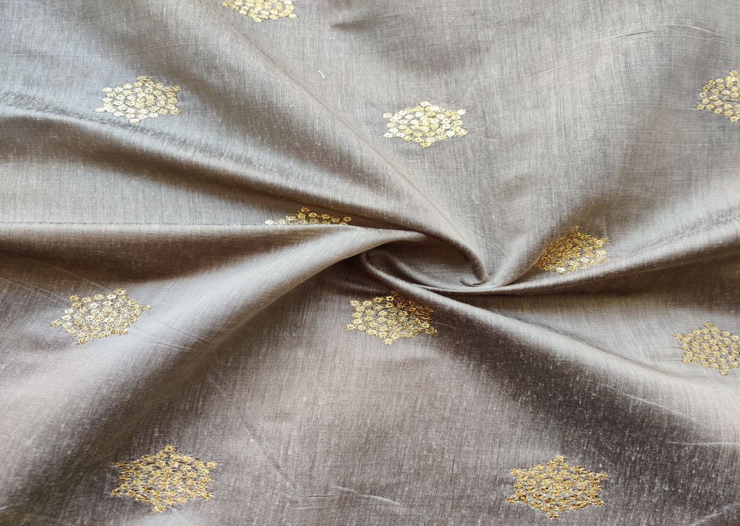 Beige Golden Floral Sequins Work Chanderi Fabric