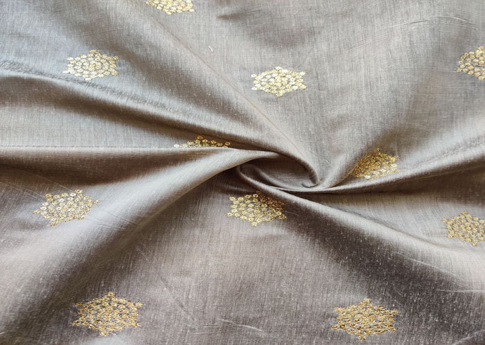Beige Golden Floral Sequins Work Chanderi Fabric