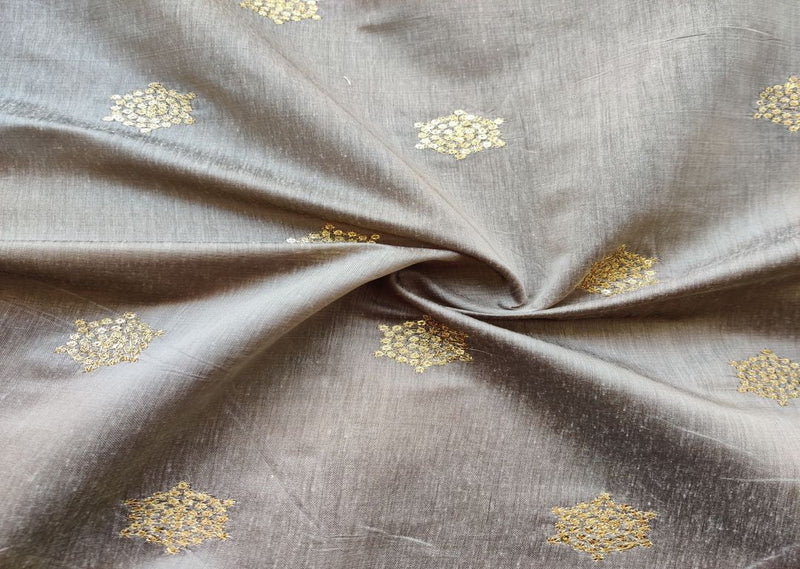 Beige Golden Floral Sequins Work Chanderi Fabric