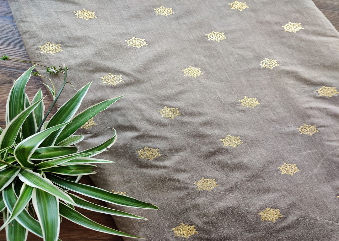 Beige Golden Floral Sequins Work Chanderi Fabric