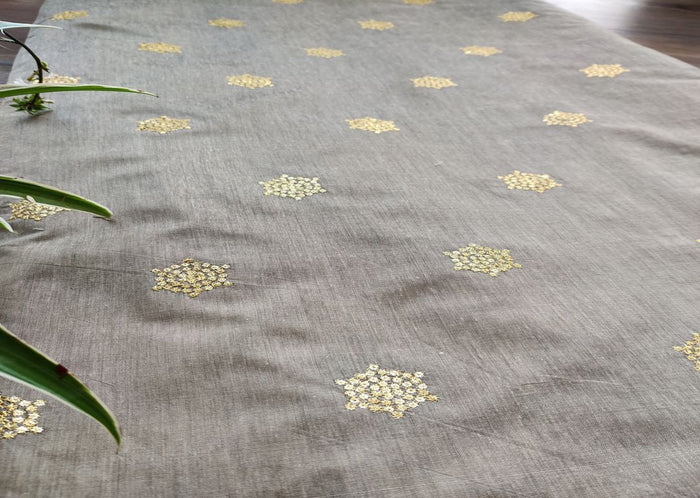 Beige Golden Floral Sequins Work Chanderi Fabric