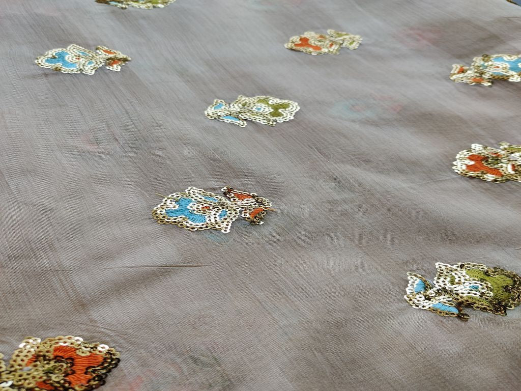 Beige Multicolour Sequins Flowers Embroidered Chanderi Fabric