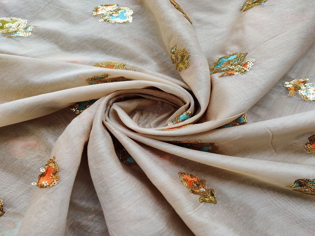 Beige Multicolour Sequins Flowers Embroidered Chanderi Fabric