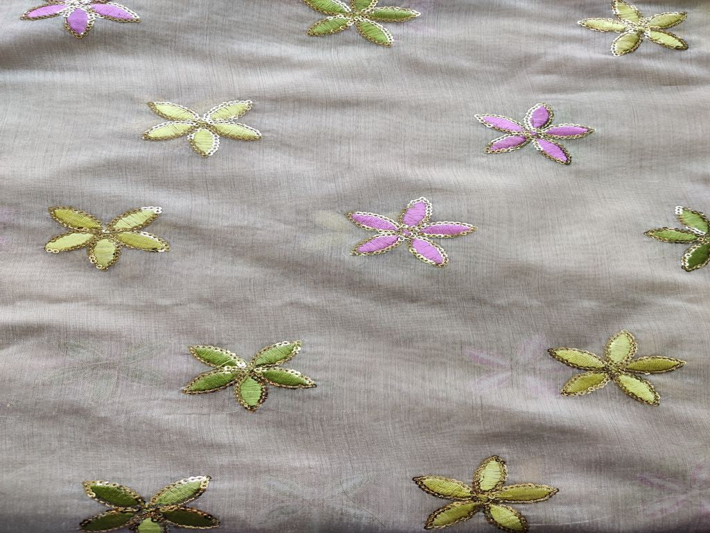 Beige Multicolour Thread and Sequins Flowers Embroidered Chanderi Fabric