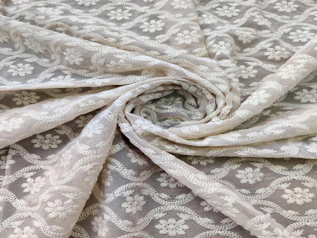 Beige Floral Chikan Embroidered Georgette Fabric