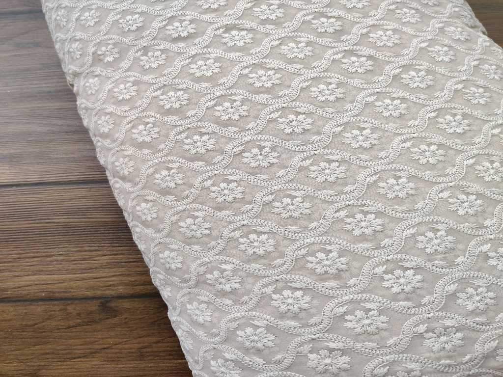 Beige Floral Chikan Embroidered Georgette Fabric