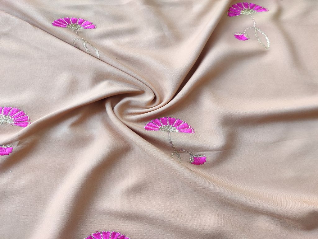 Beige Pink Flowers Embroidered Rayon Fabric