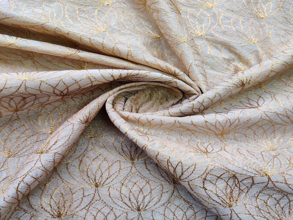 Beige Golden Floral Embroidered Chanderi Fabric