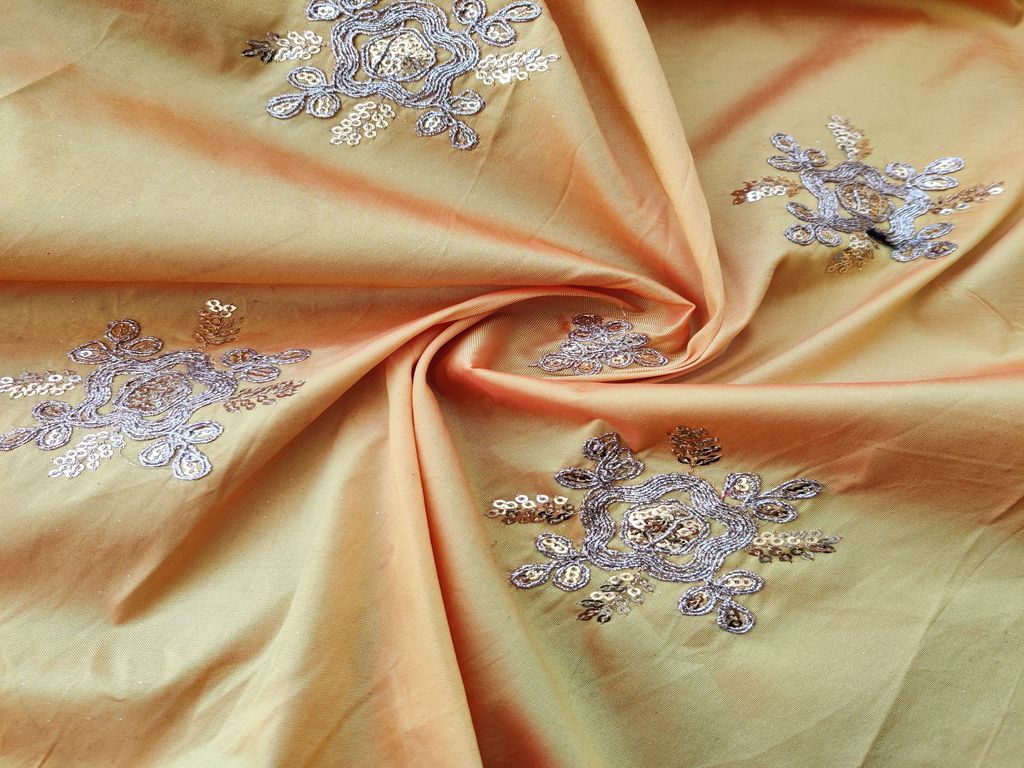 Yellow Golden Floral Embroidered Taffeta Silk Fabric