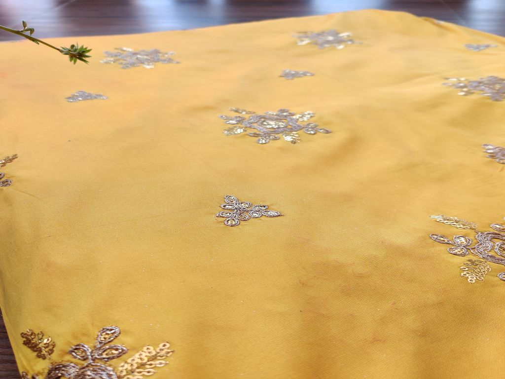 Yellow Golden Floral Embroidered Taffeta Silk Fabric