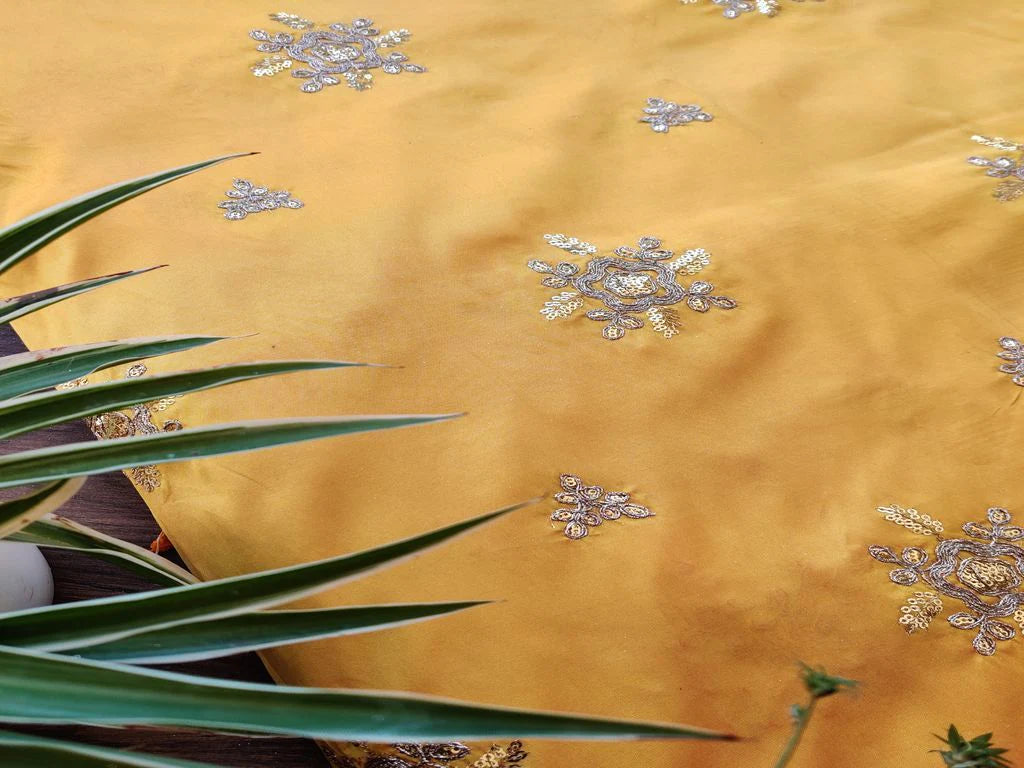 Yellow Golden Floral Embroidered Taffeta Silk Fabric