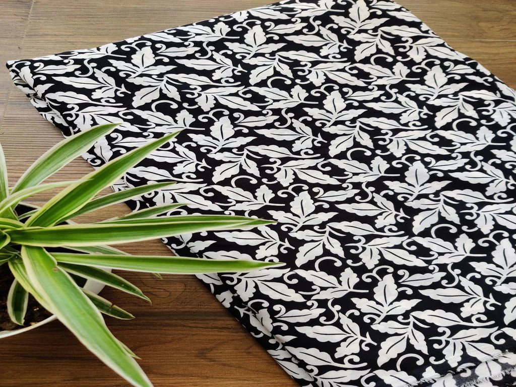 Black White Leaves Digitally Printed Poly Crepe Fabric