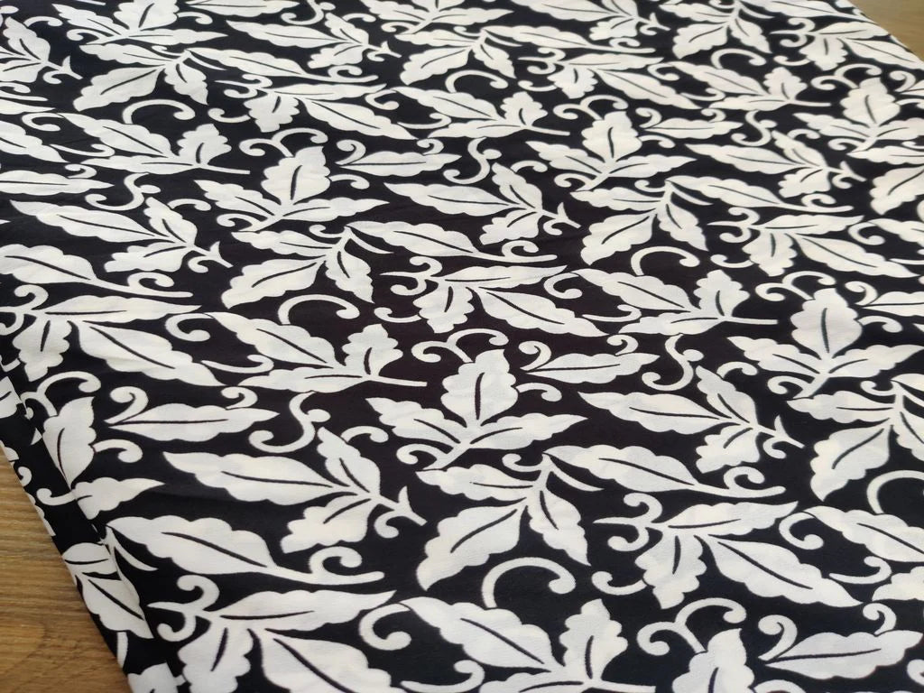 Black White Leaves Digitally Printed Poly Crepe Fabric