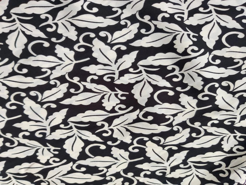 Black White Leaves Digitally Printed Poly Crepe Fabric