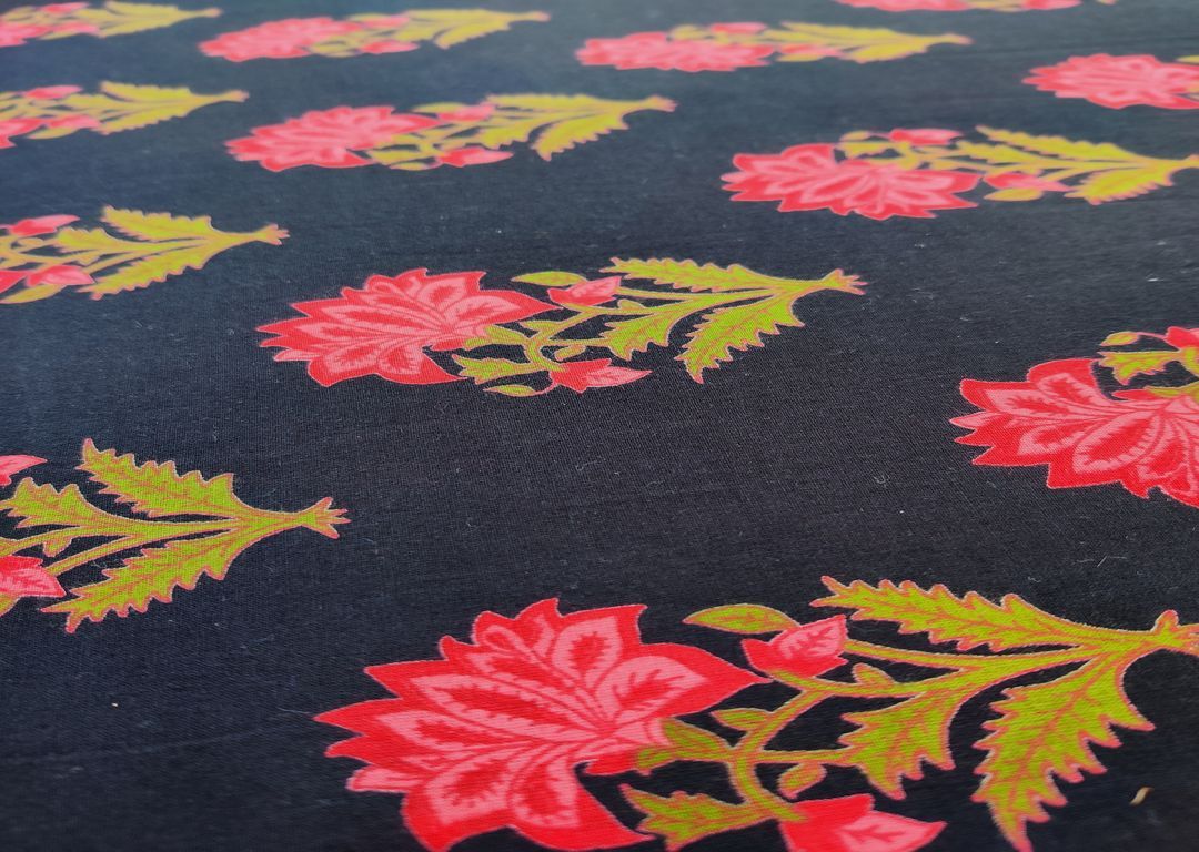 Black Pink Flowers Printed Cotton Fabric