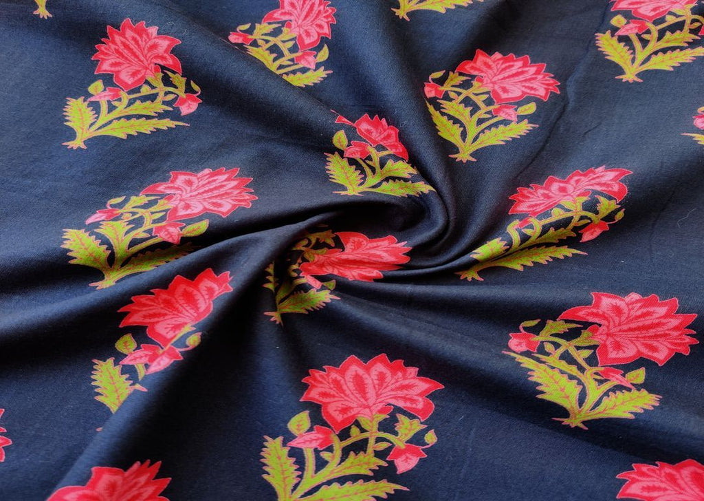 Black Pink Flowers Printed Cotton Fabric