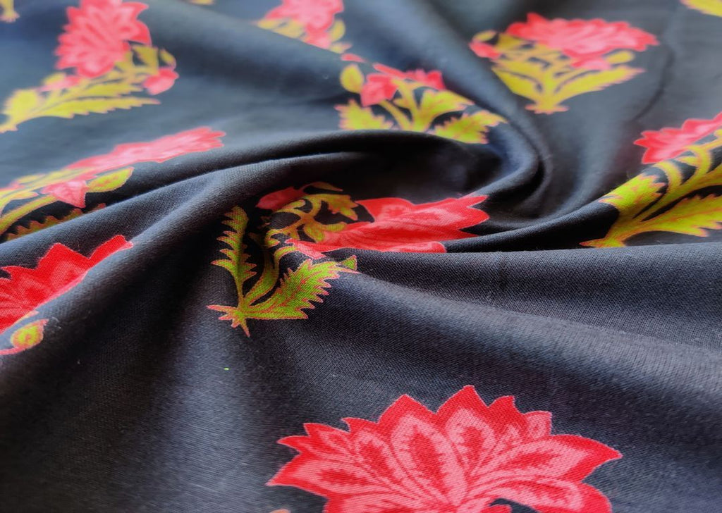 Black Pink Flowers Printed Cotton Fabric