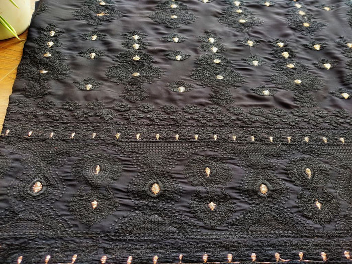 Black Floral Lakhnawi Embroidered Georgette Fabric