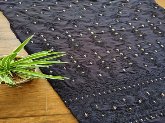 Black Floral Lakhnawi Embroidered Georgette Fabric