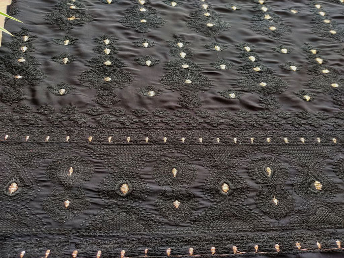 Black Floral Lakhnawi Embroidered Georgette Fabric