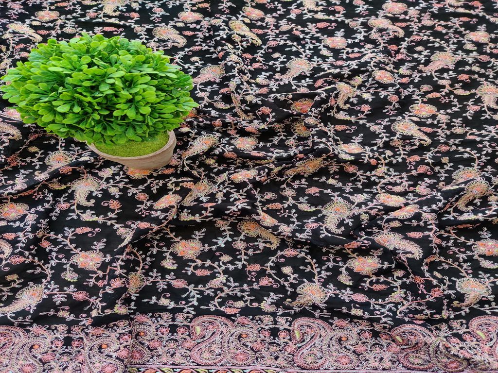 Black Flowers Heavy Embroidered Kashmiri Work Georgette Fabric