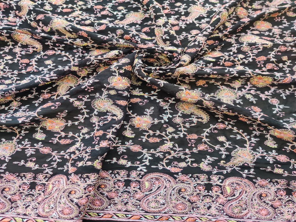 Black Flowers Heavy Embroidered Kashmiri Work Georgette Fabric