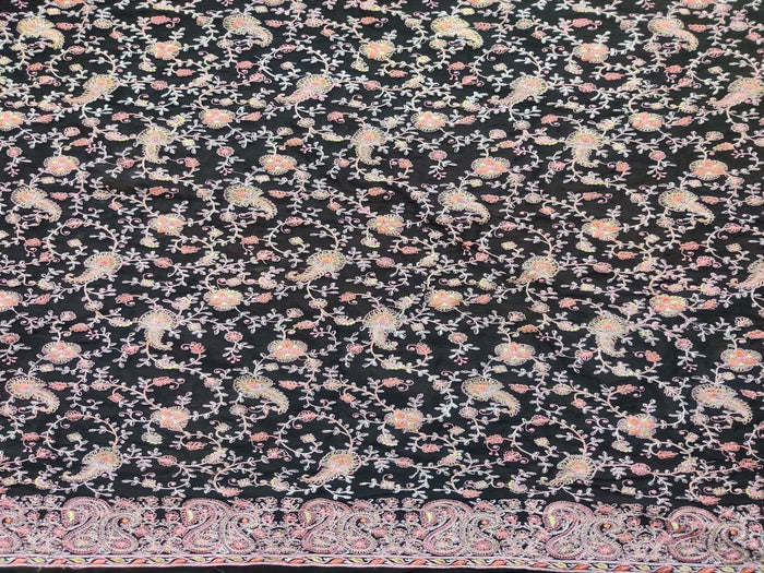 Black Flowers Heavy Embroidered Kashmiri Work Georgette Fabric