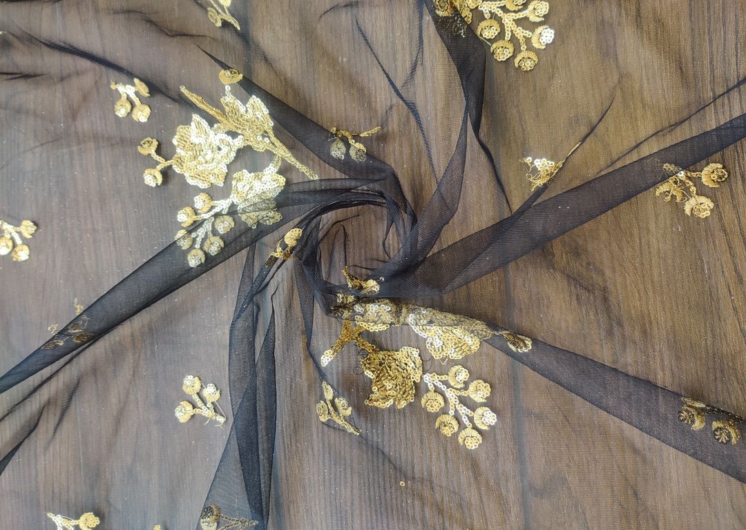 Black Golden Sequins Floral Embroidered Net Fabric