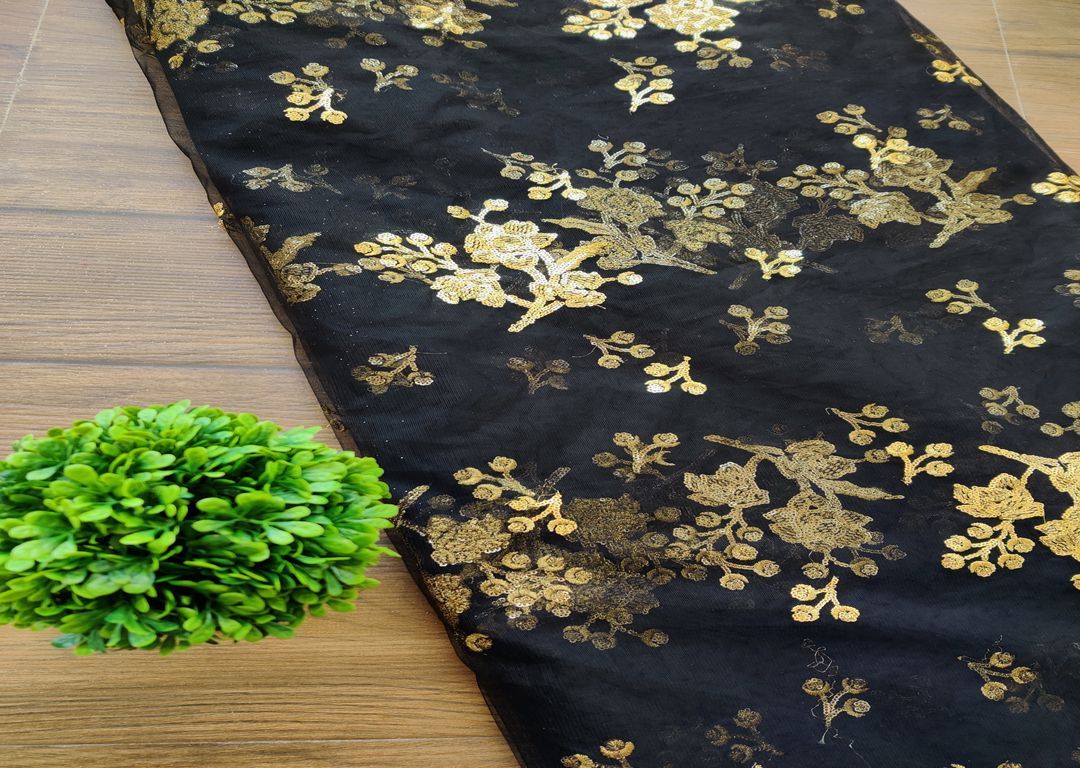 Black Golden Sequins Floral Embroidered Net Fabric