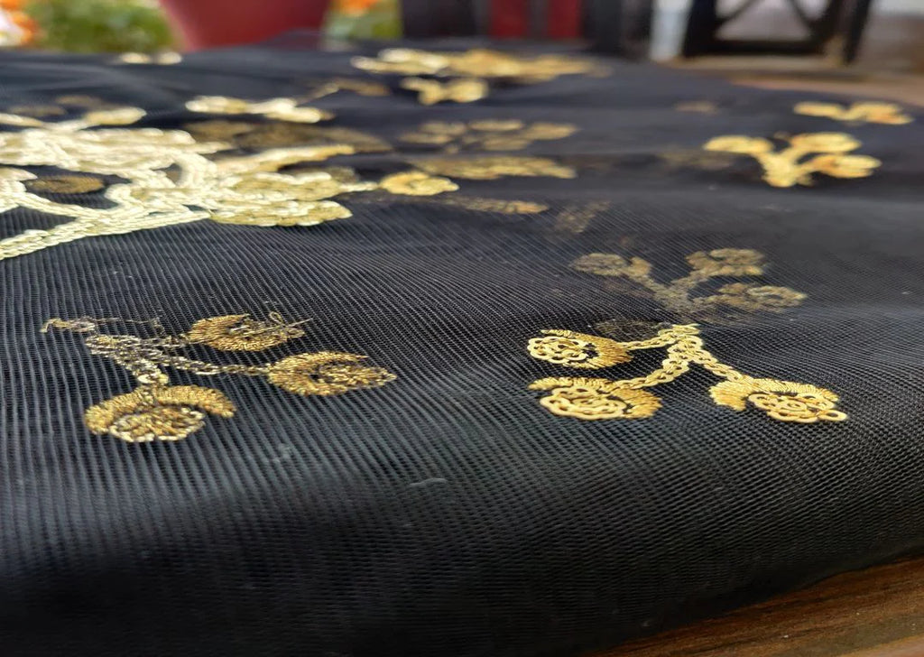 Black Golden Sequins Floral Embroidered Net Fabric