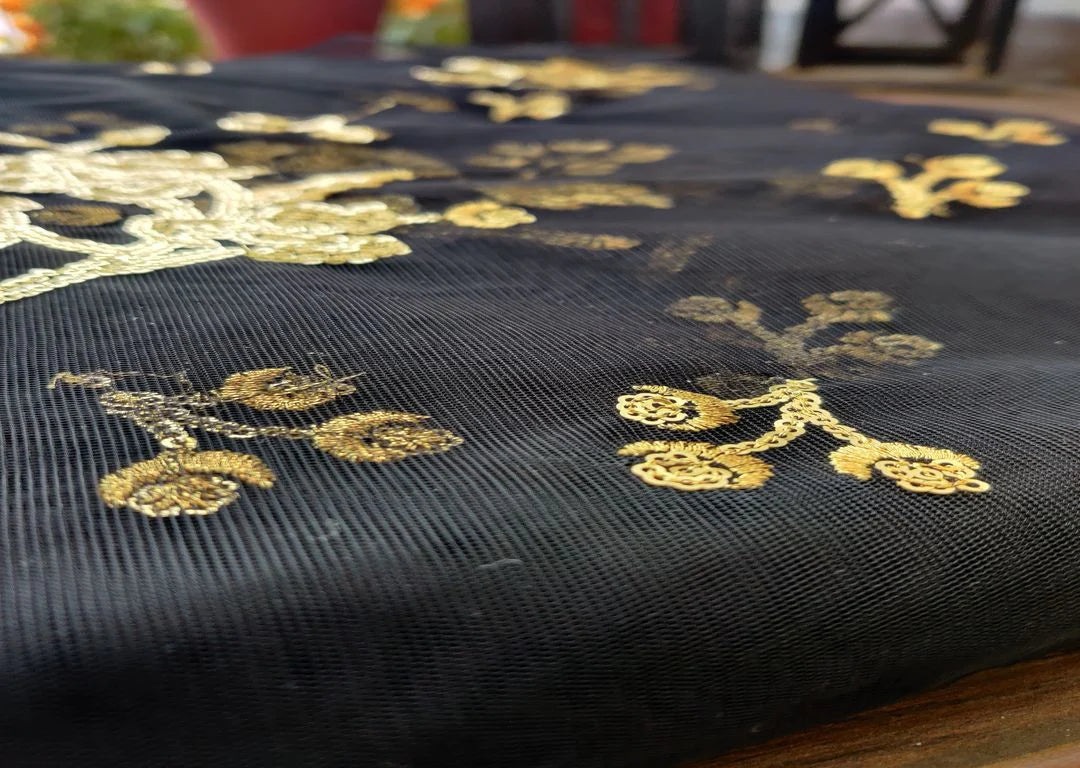 Black Golden Sequins Floral Embroidered Net Fabric