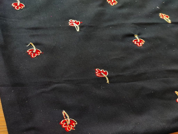 Black Red Floral Embroidered Rayon Fabric