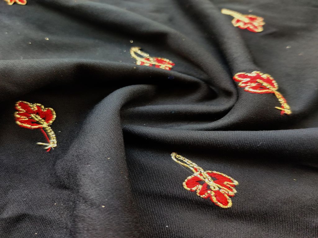 Black Red Floral Embroidered Rayon Fabric