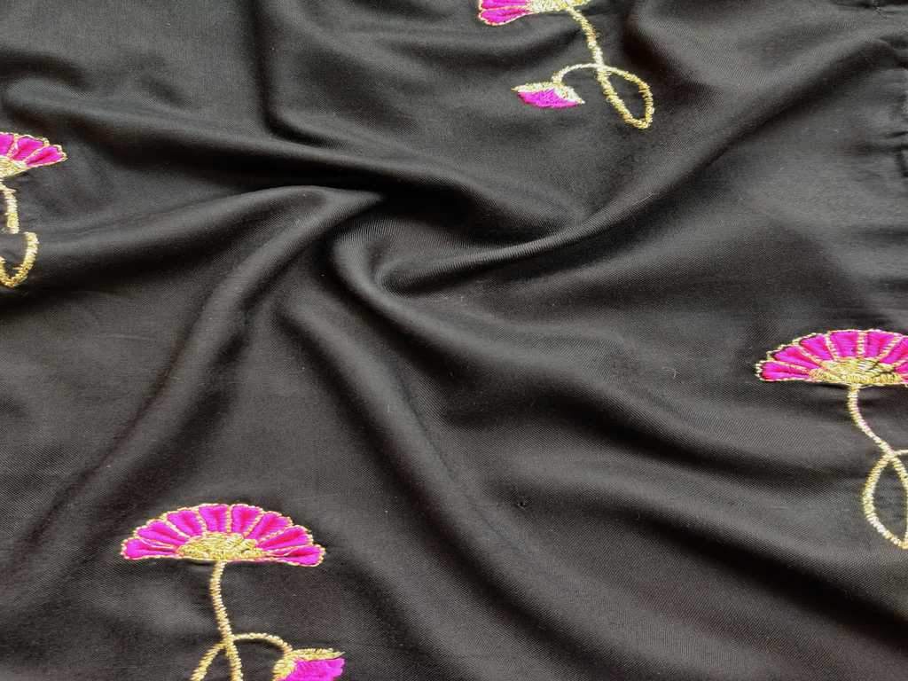 Black Pink Flowers Embroidered Rayon Fabric
