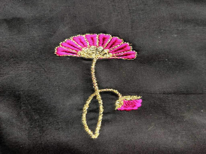 Black Pink Flowers Embroidered Rayon Fabric