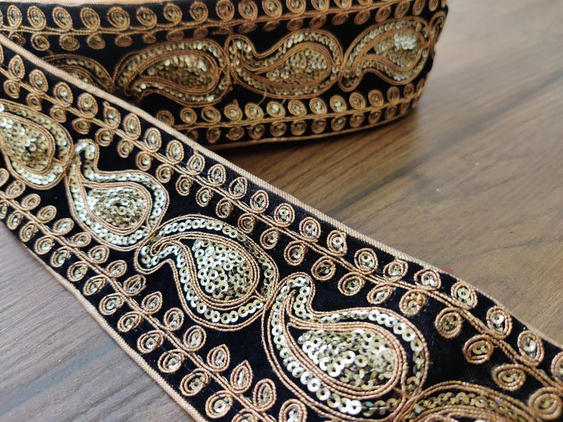 Black Golden Sequins and Thread Work Velvet Embroidered Border