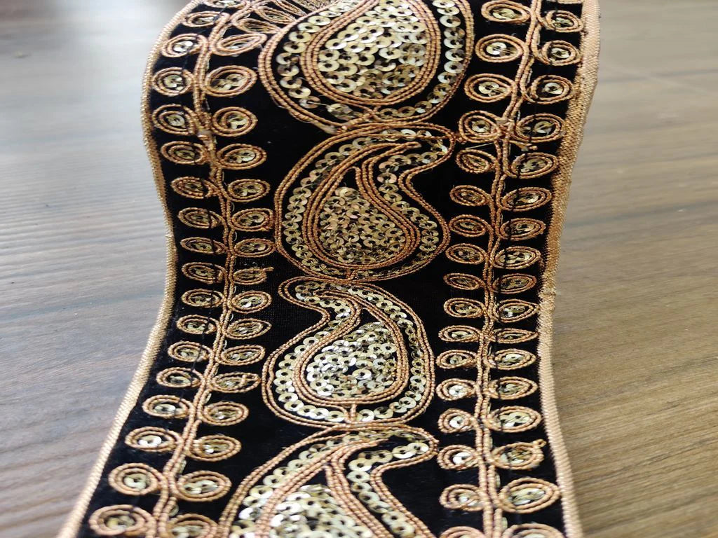 Black Golden Sequins and Thread Work Velvet Embroidered Border